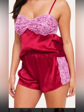 Adore Me Red recycled polyester Cami & Shorts with Pink Lace Trim